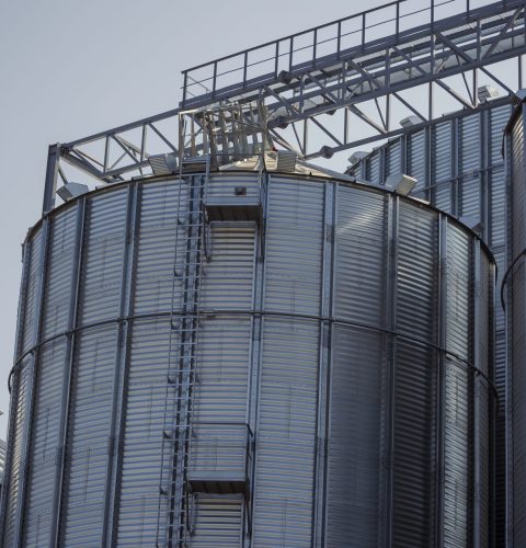 Construction of a metal grain storage. Cylinder silos for wheat, corn, barley and other grain crops. Industry, agribusiness. Without anyone